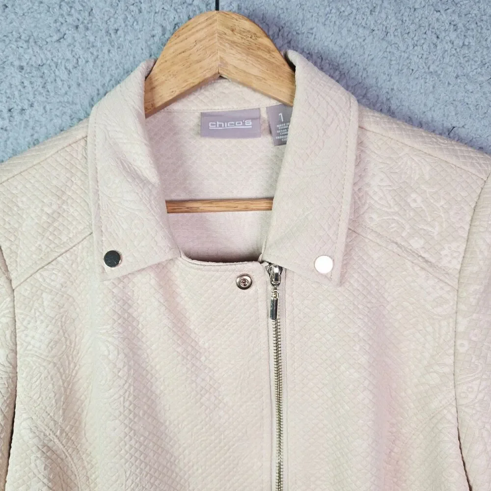 Chicos Moto Jacket Cream 1 Textured Asym Zip 34 Sleeve Minimalist